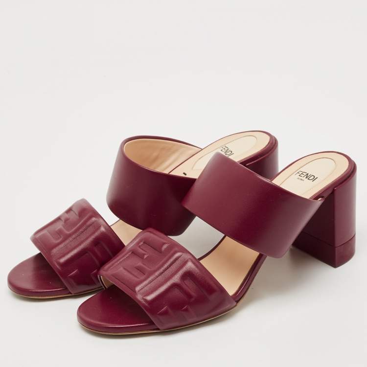 Pre Owned Fendi Burgundy Leather FF Embossed Logo Mules Size 39