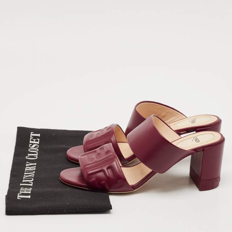 Pre Owned Fendi Burgundy Leather FF Embossed Logo Mules Size 39