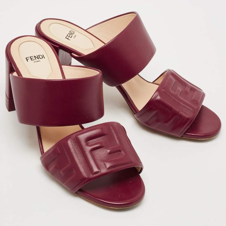 Pre Owned Fendi Burgundy Leather FF Embossed Logo Mules Size 39