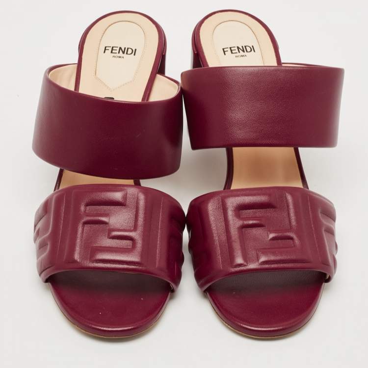 Pre Owned Fendi Burgundy Leather FF Embossed Logo Mules Size 39
