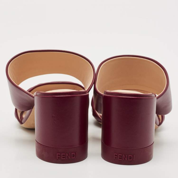 Pre Owned Fendi Burgundy Leather FF Embossed Logo Mules Size 39
