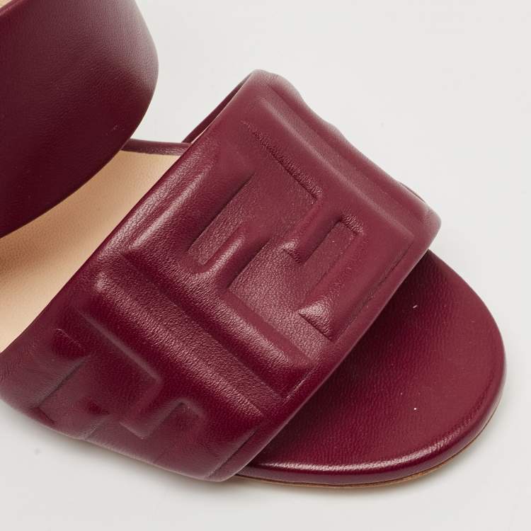 Pre Owned Fendi Burgundy Leather FF Embossed Logo Mules Size 39