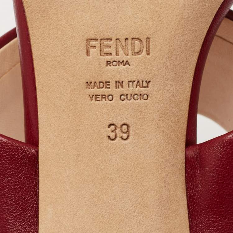 Pre Owned Fendi Burgundy Leather FF Embossed Logo Mules Size 39