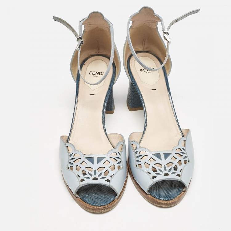 Pre Owned Fendi Two Tone Blue Leather Cut Out Ankle Strap Sandals Size 41