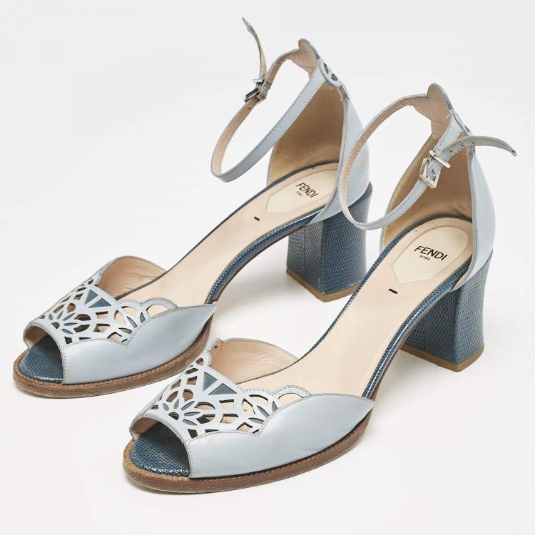 Pre Owned Fendi Two Tone Blue Leather Cut Out Ankle Strap Sandals Size 41
