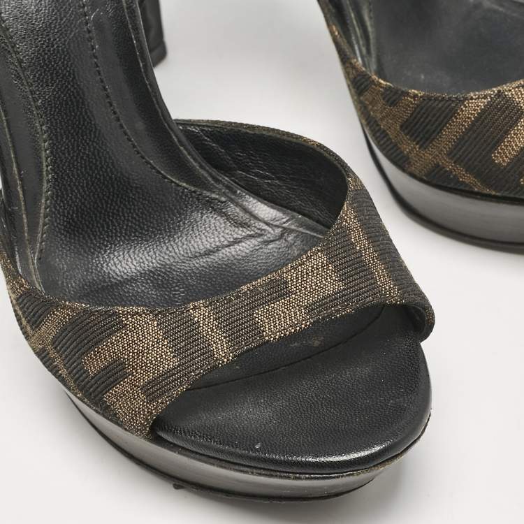 Pre Owned Fendi Brown Zucca Canvas Ankle Strap Sandals Size 36
