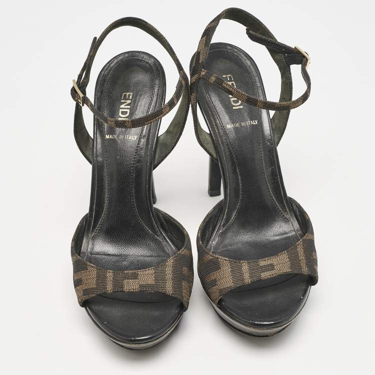 Pre Owned Fendi Brown Zucca Canvas Ankle Strap Sandals Size 36