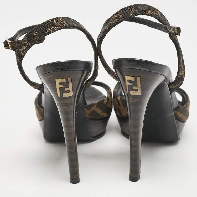 Pre Owned Fendi Brown Zucca Canvas Ankle Strap Sandals Size 36