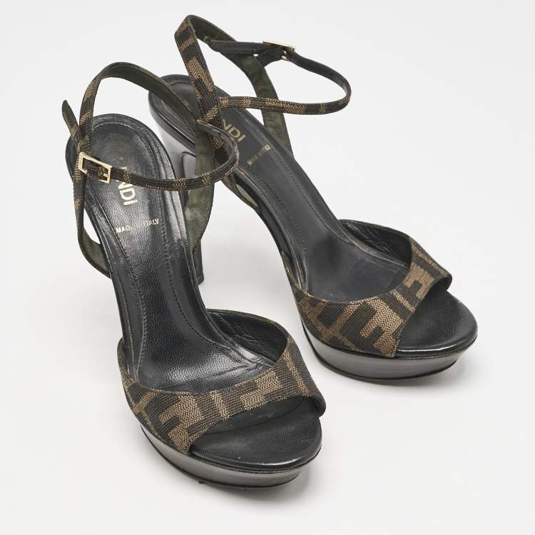 Pre Owned Fendi Brown Zucca Canvas Ankle Strap Sandals Size 36