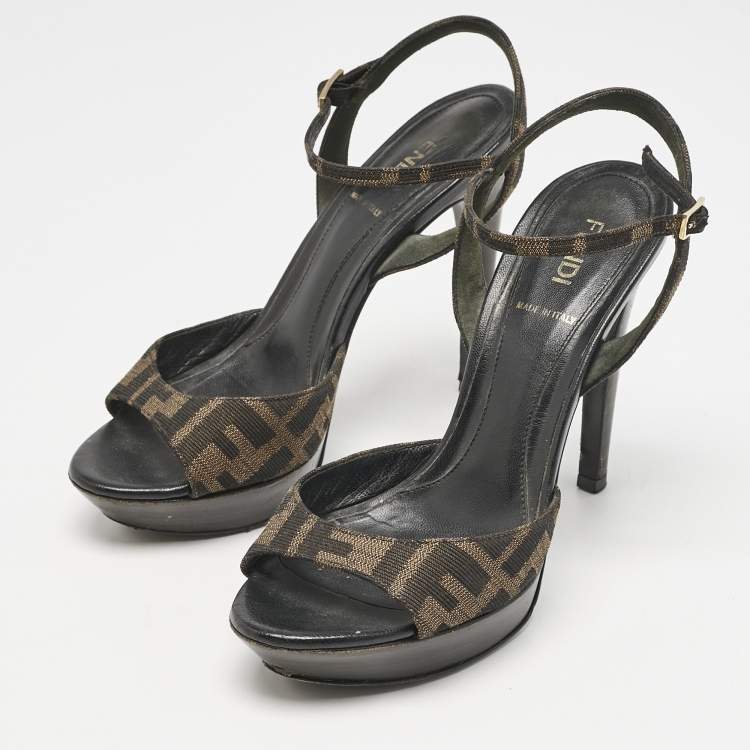 Pre Owned Fendi Brown Zucca Canvas Ankle Strap Sandals Size 36