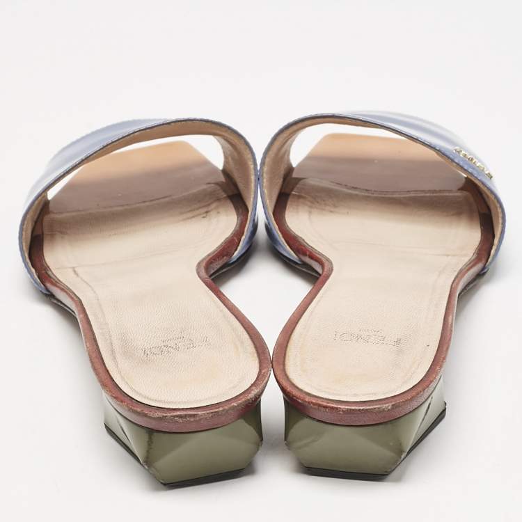 Pre Owned Fendi Blue Patent Leather Open Toe Slide Sandals Size 38