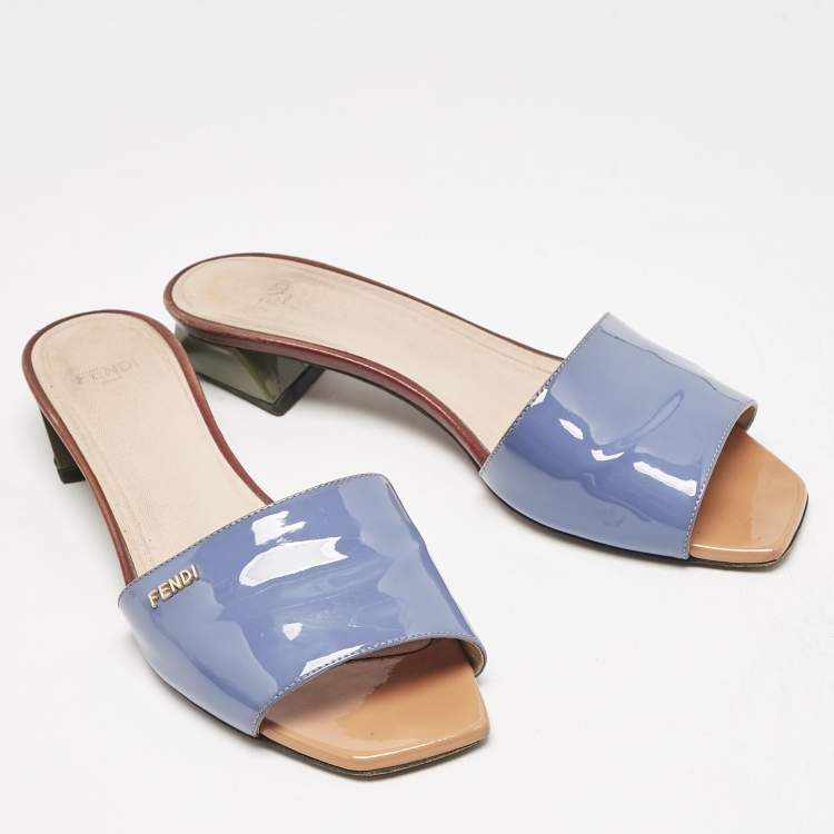 Pre Owned Fendi Blue Patent Leather Open Toe Slide Sandals Size 38