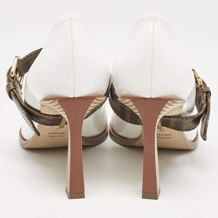 Pre Owned Fendi White/Brown Patent Leather Mary Jane Oversized Sole Pumps Size 37