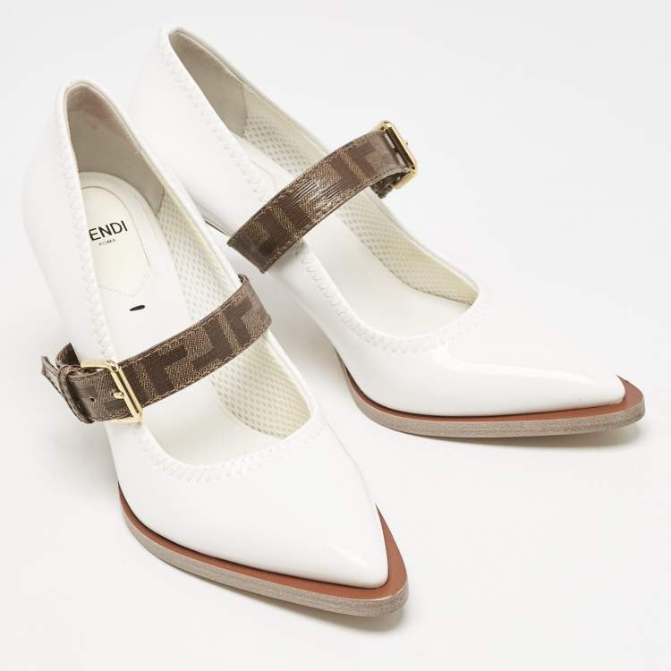 Pre Owned Fendi White/Brown Patent Leather Mary Jane Oversized Sole Pumps Size 37