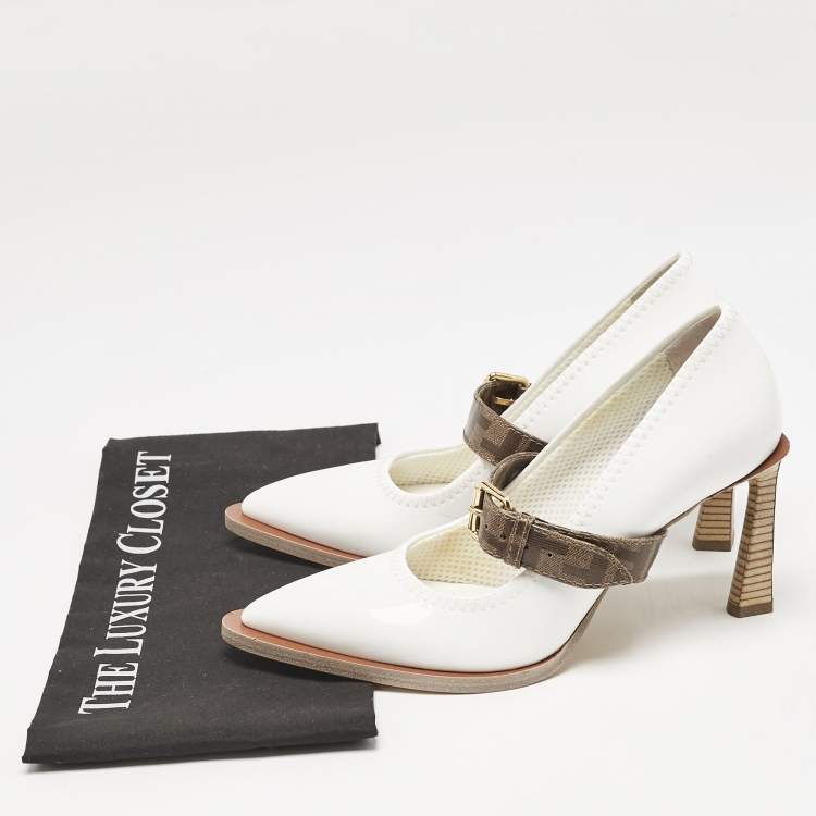 Pre Owned Fendi White/Brown Patent Leather Mary Jane Oversized Sole Pumps Size 37