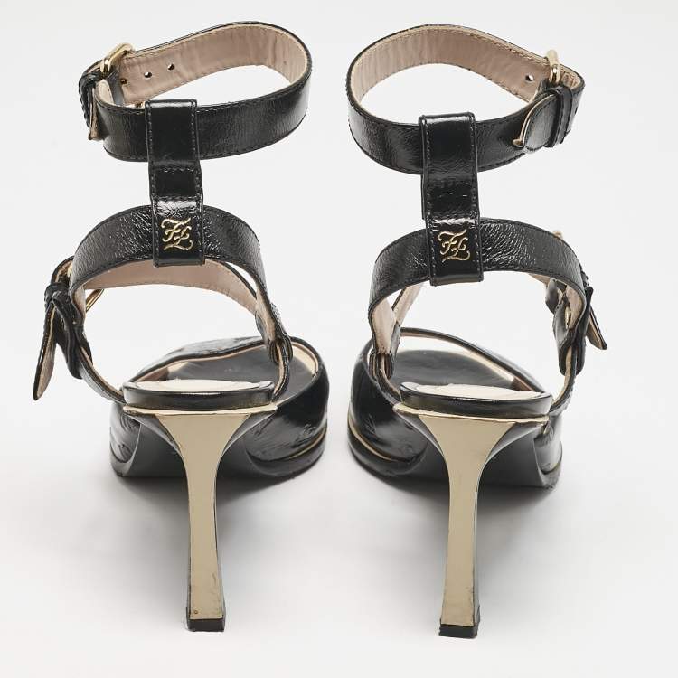 Pre Owned Fendi Black Karligraphy Leather FFrame Ankle Strap Sandals Size 39