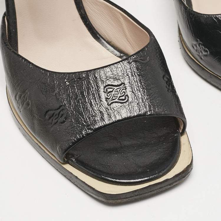 Pre Owned Fendi Black Karligraphy Leather FFrame Ankle Strap Sandals Size 39