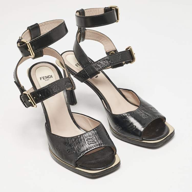 Pre Owned Fendi Black Karligraphy Leather FFrame Ankle Strap Sandals Size 39