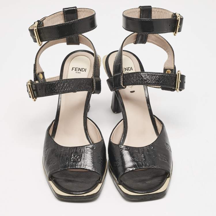 Pre Owned Fendi Black Karligraphy Leather FFrame Ankle Strap Sandals Size 39