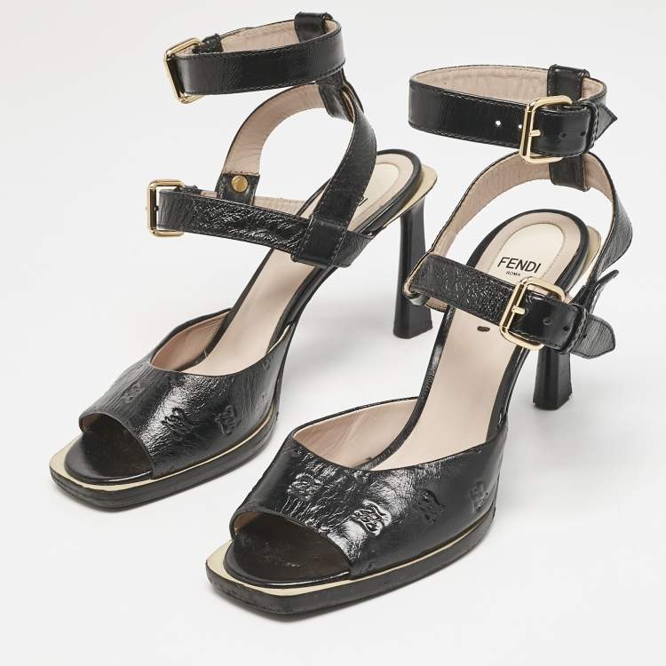 Pre Owned Fendi Black Karligraphy Leather FFrame Ankle Strap Sandals Size 39