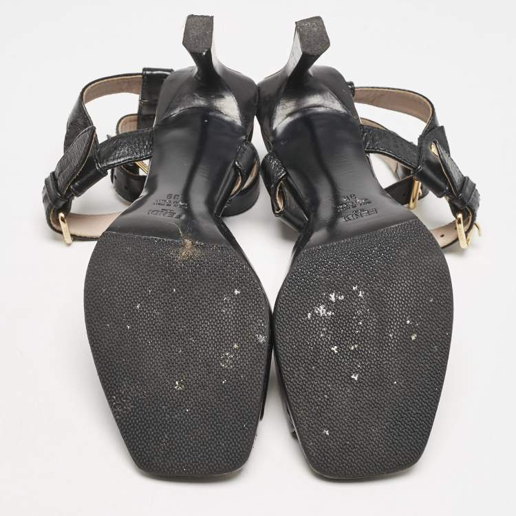 Pre Owned Fendi Black Karligraphy Leather FFrame Ankle Strap Sandals Size 39