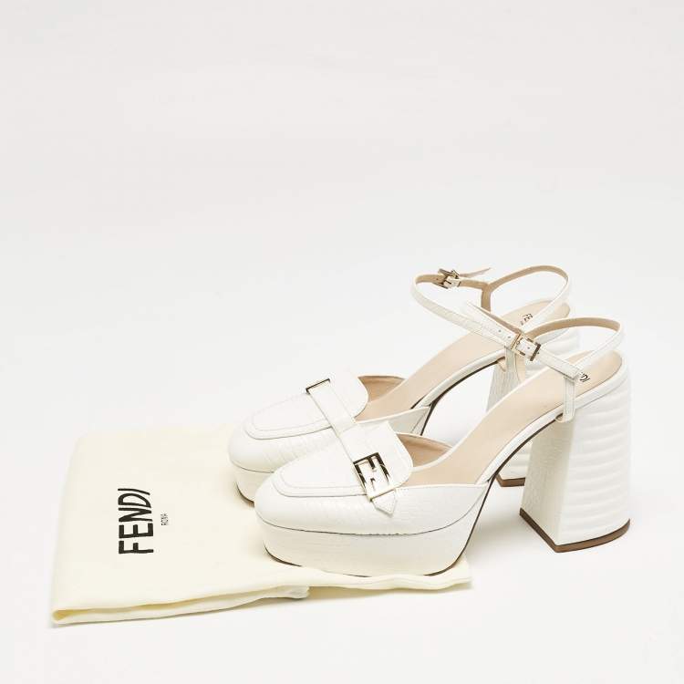 Pre Owned Fendi White Croc Embossed Leather Promenade Slingback Loafers Size 40
