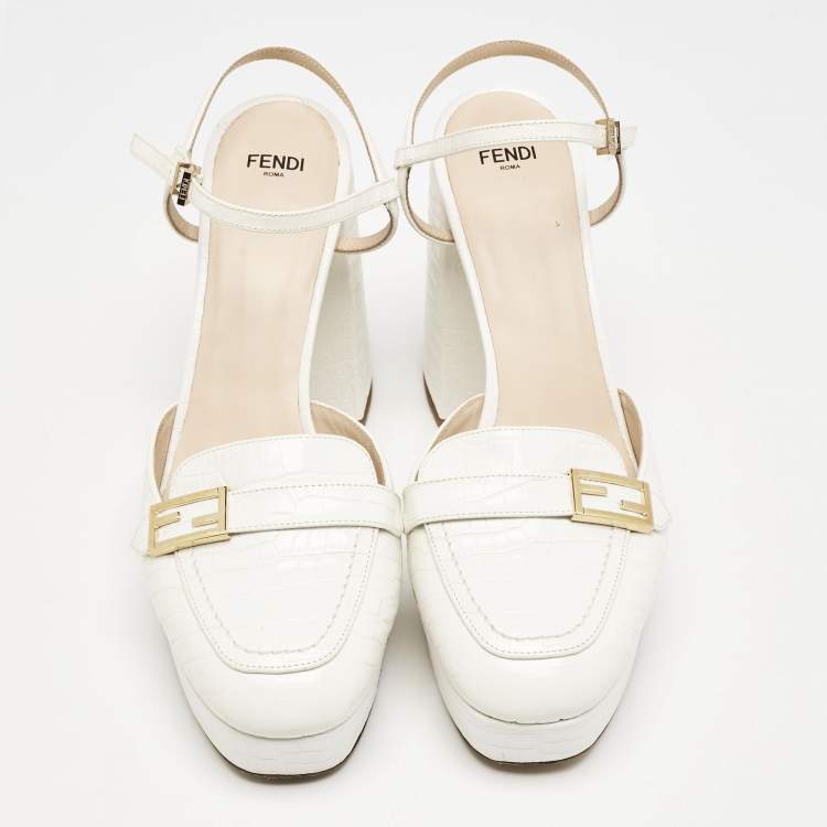 Pre Owned Fendi White Croc Embossed Leather Promenade Slingback Loafers Size 40