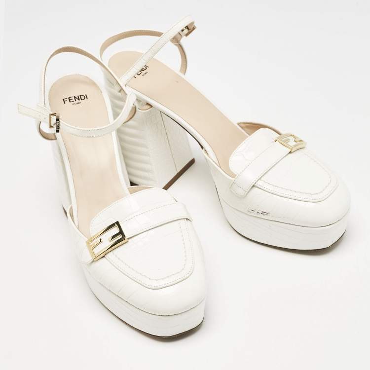 Pre Owned Fendi White Croc Embossed Leather Promenade Slingback Loafers Size 40