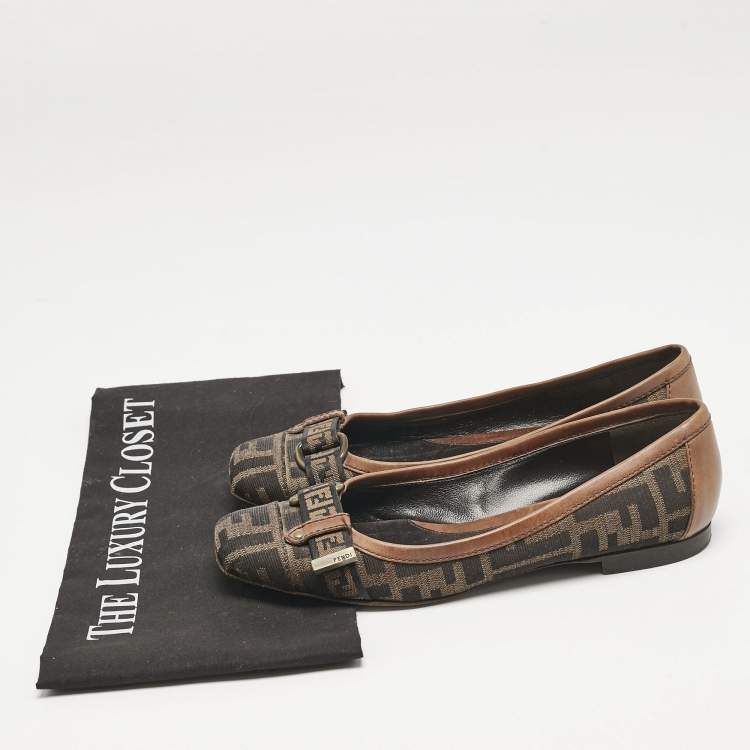 Pre Owned Fendi Tobacco Zucca Canvas And Patent Trim Ballet Flats Size 36.5