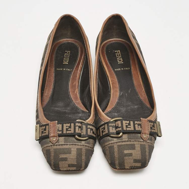 Pre Owned Fendi Tobacco Zucca Canvas And Patent Trim Ballet Flats Size 36.5
