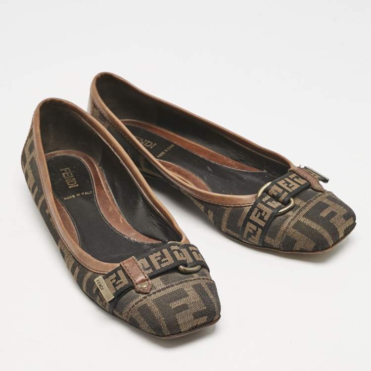 Pre Owned Fendi Tobacco Zucca Canvas And Patent Trim Ballet Flats Size 36.5