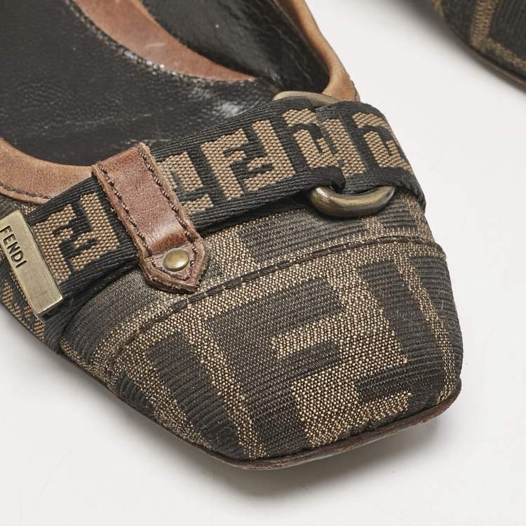 Pre Owned Fendi Tobacco Zucca Canvas And Patent Trim Ballet Flats Size 36.5