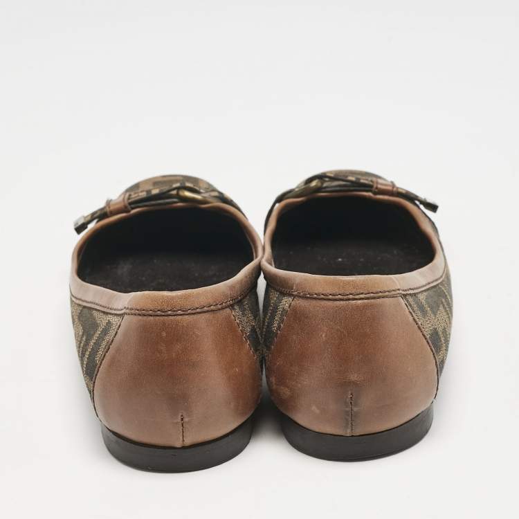 Pre Owned Fendi Tobacco Zucca Canvas And Patent Trim Ballet Flats Size 36.5