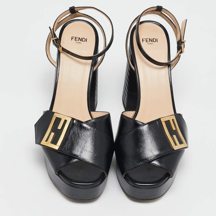 Pre Owned Fendi Black Leather Promenade Ankle Strap Sandals Size 39