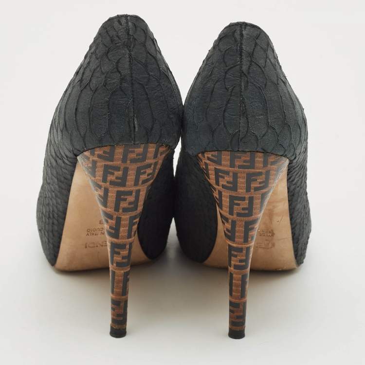 Pre Owned Fendi Dark Grey Python Embossed Leather Superstar Platform Pumps Size 38