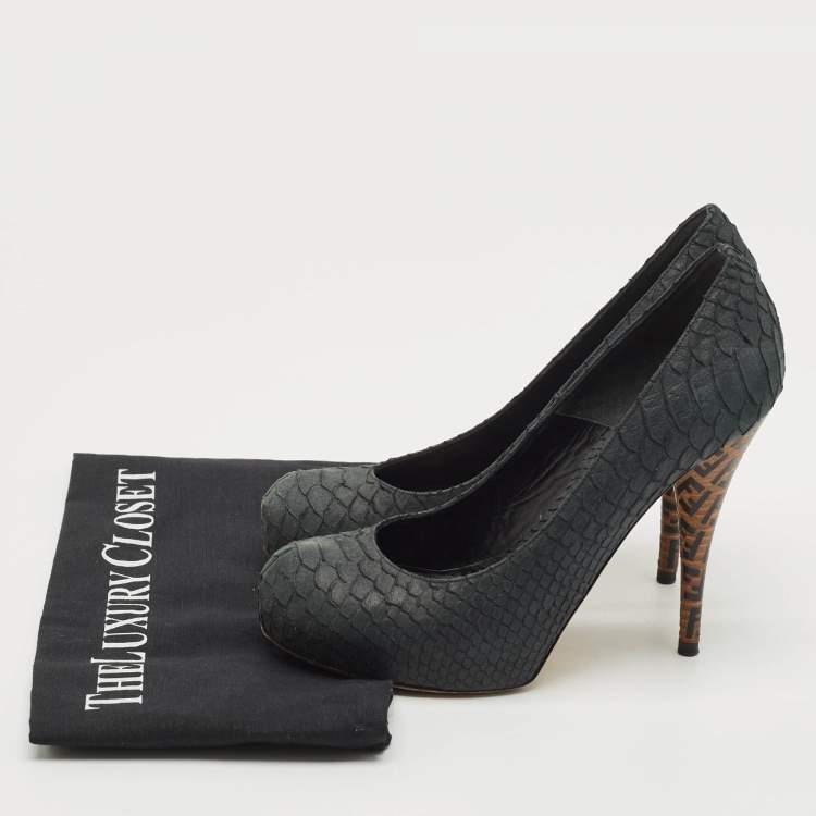 Pre Owned Fendi Dark Grey Python Embossed Leather Superstar Platform Pumps Size 38