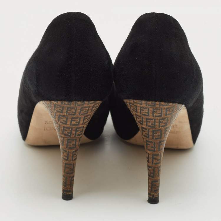 Pre Owned Fendi Black Suede Platform Logo Heel Pumps Size 38