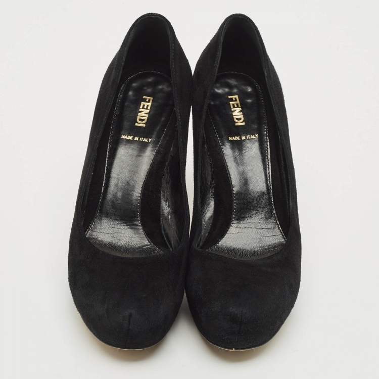 Pre Owned Fendi Black Suede Platform Logo Heel Pumps Size 38