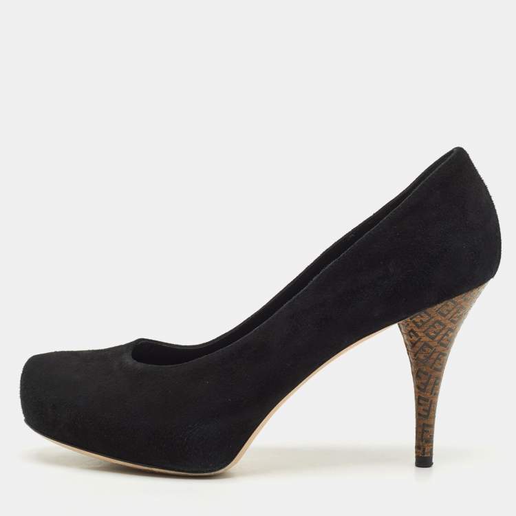 Pre Owned Fendi Black Suede Platform Logo Heel Pumps Size 38
