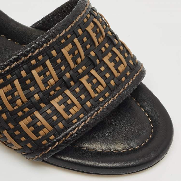Pre Owned Fendi Brown/Black Leather and Raffia FF Slide Sandals Size 40.5