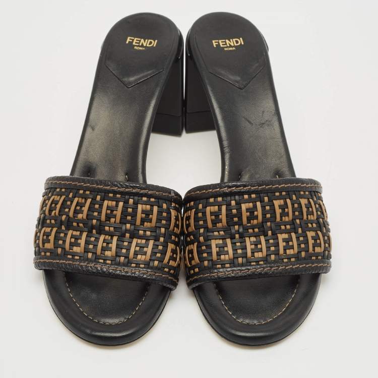 Pre Owned Fendi Brown/Black Leather and Raffia FF Slide Sandals Size 40.5