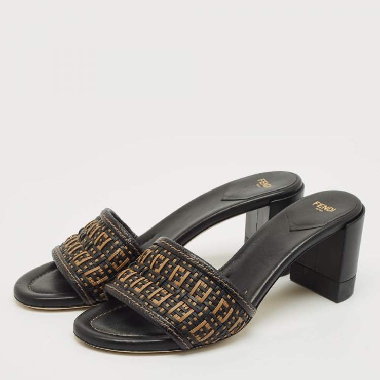 Pre Owned Fendi Brown/Black Leather and Raffia FF Slide Sandals Size 40.5