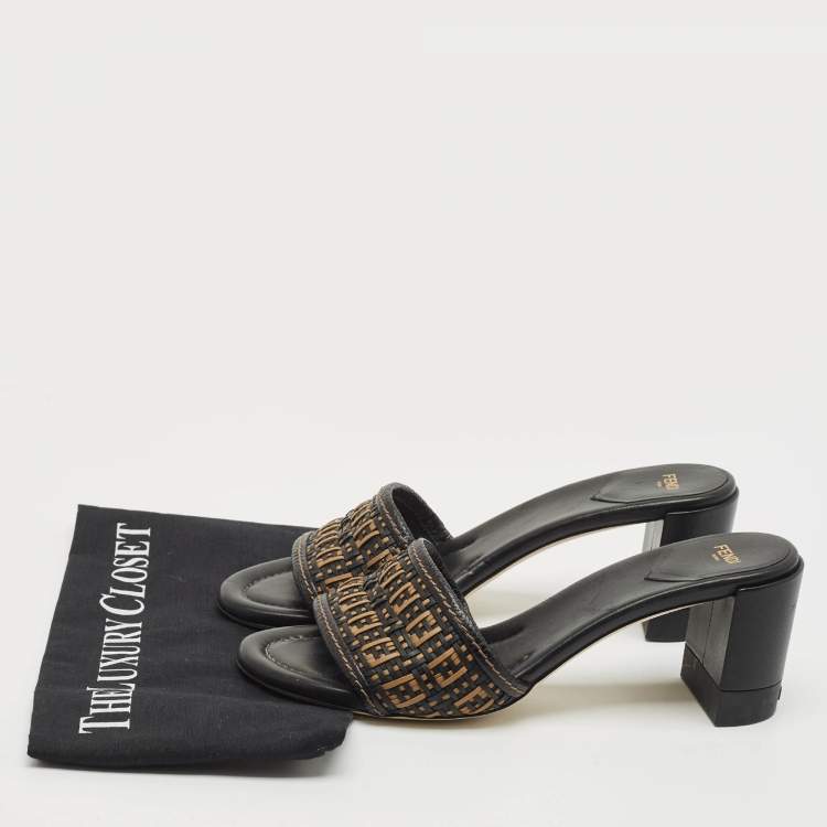 Pre Owned Fendi Brown/Black Leather and Raffia FF Slide Sandals Size 40.5