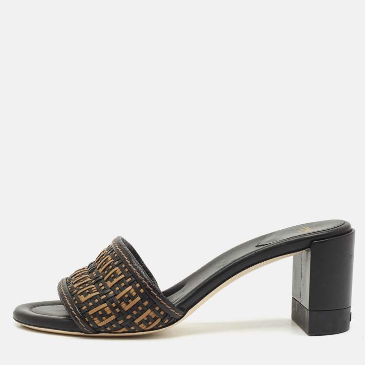 Pre Owned Fendi Brown/Black Leather and Raffia FF Slide Sandals Size 40.5