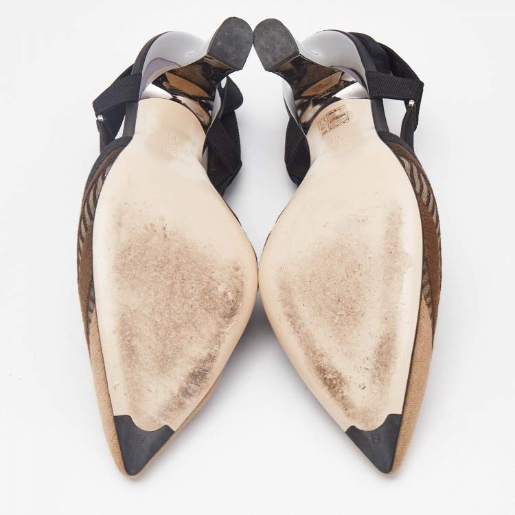 Pre Owned Fendi Black/Beige Fabric and Mesh Colibri Pumps Size 38