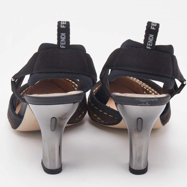 Pre Owned Fendi Black/Beige Fabric and Mesh Colibri Pumps Size 38