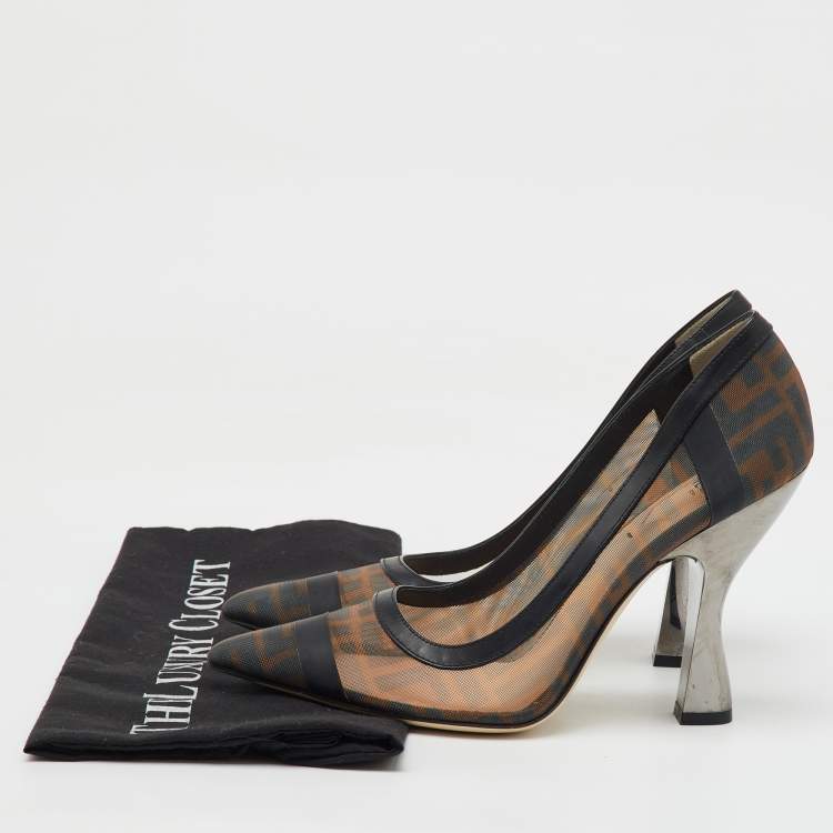 Pre Owned Fendi Brown/Black Zucca Mesh and Leather Pointed Toe Colibri Pumps Size 39