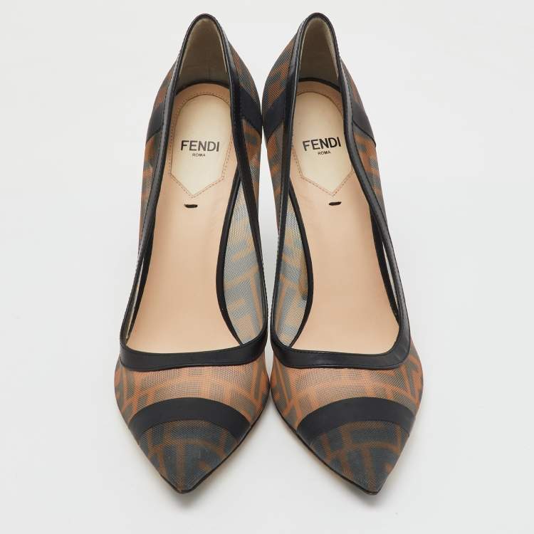 Pre Owned Fendi Brown/Black Zucca Mesh and Leather Pointed Toe Colibri Pumps Size 39