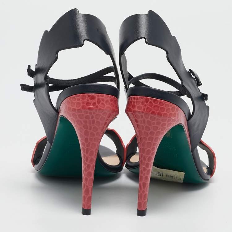 Pre Owned Fendi Black/Pink Croc Embossed and Leather Ankle Strap Sandals Size 36.5