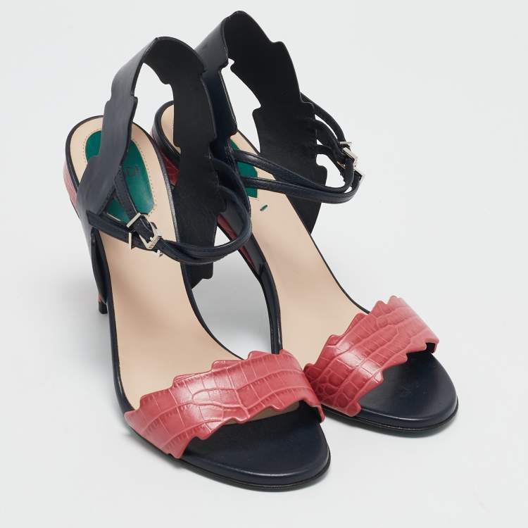 Pre Owned Fendi Black/Pink Croc Embossed and Leather Ankle Strap Sandals Size 36.5